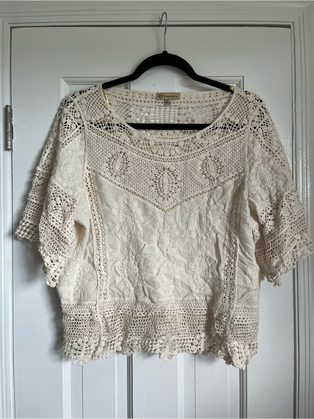 Democracy Cream Crochet Lace Boho Pullover Top